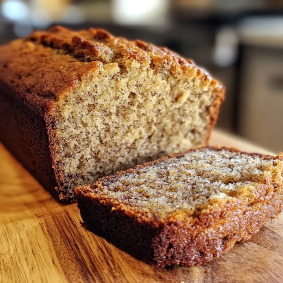 A close-up of a freshly baked paula deen banana bread recipe, showing its moist, golden-brown interior with specks of mashed banana. The texture appears soft, with a slightly crisp crust. The background is slightly blurred, depicting a cozy kitchen setting.