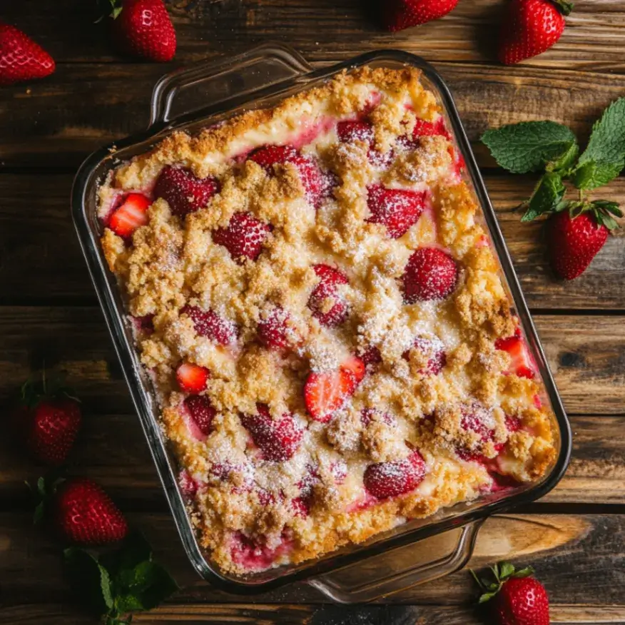 strawberry cheesecake dump cake recipe in a baking dish.